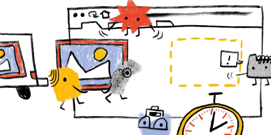 Hero image of Web Almanac characters images to a web page, while another Web Almanac character times them with a stopwatch.