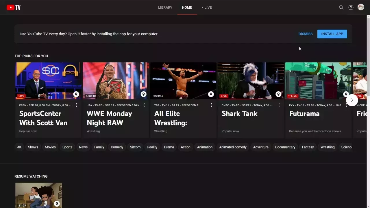 beforeinstallpromptイベントによって提供されるアプリ内プロンプトからYouTube TVをインストールする。